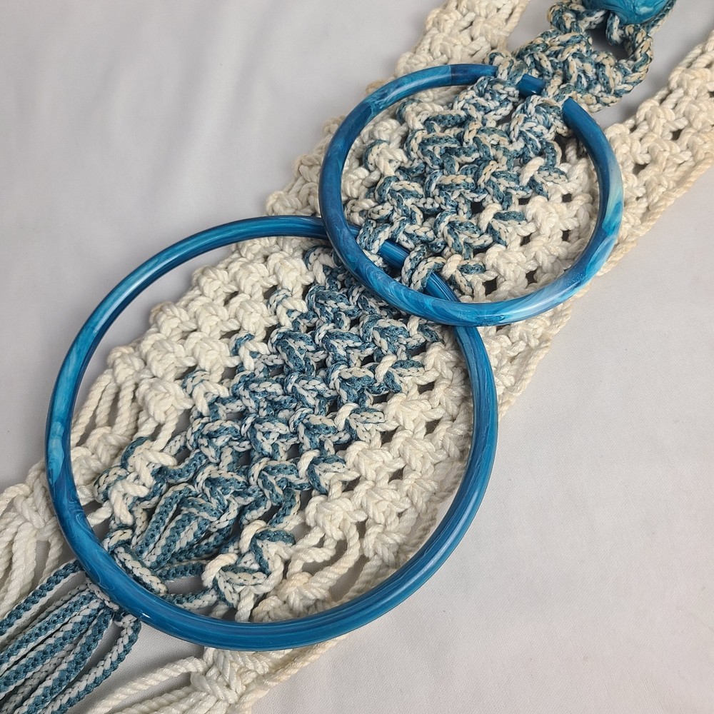 Vintage Marabella Macrame Blue Ring Towel Hanger Kitchen Bathroom Decor MCM Boho
