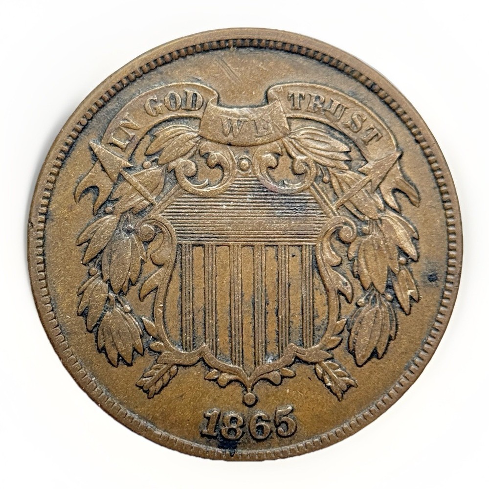 1865 2c Plain 5 Two Cent Piece XF EF Extra Fine US Copper Type Coin Rare Nice