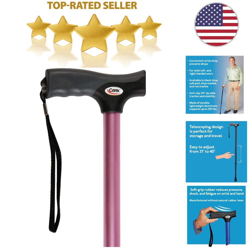 Pink Soft Grip Walking Cane - Adjustable Height, Wrist Strap