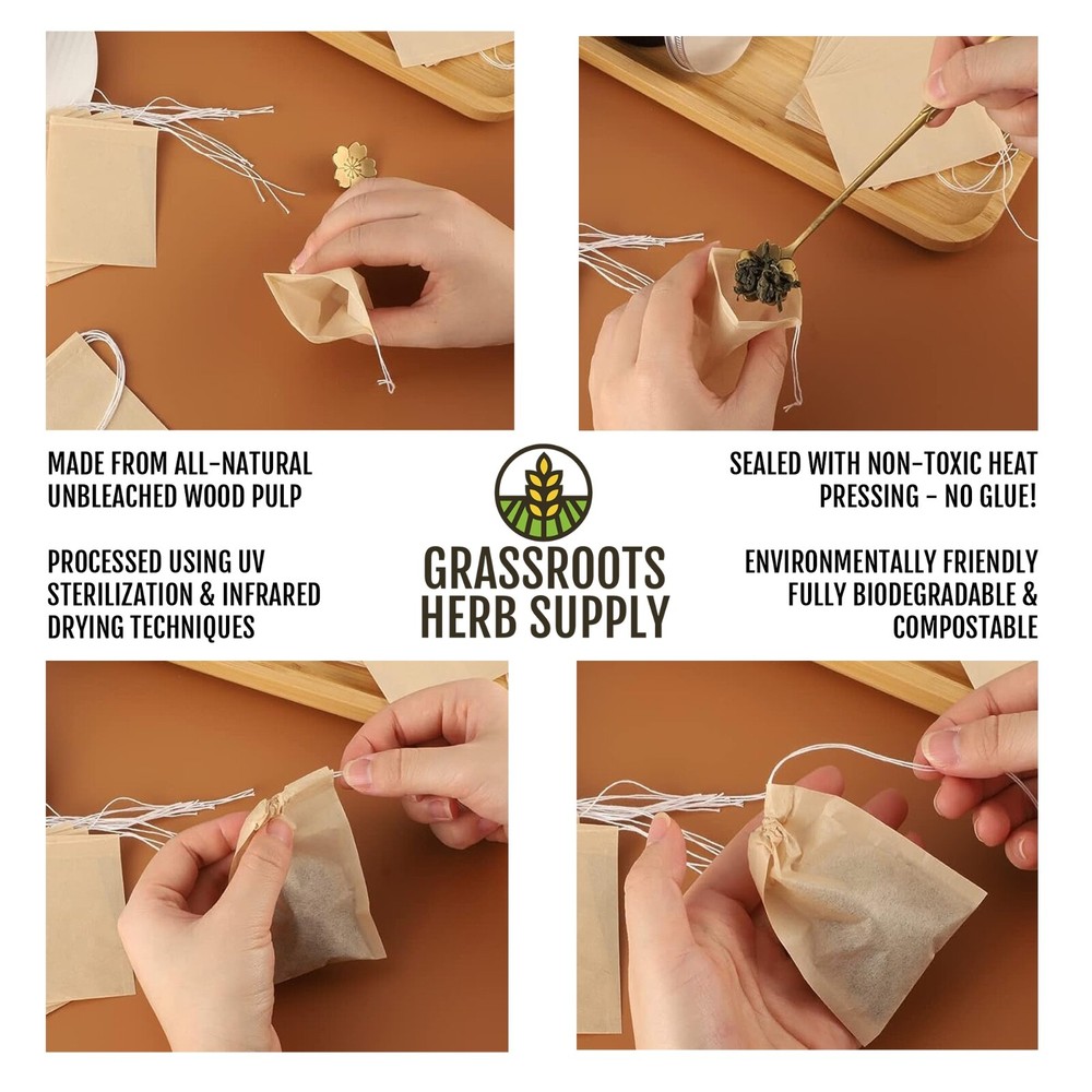 Unbleached Disposable Tea Filter Bags with Drawstring | All Natural Compostable