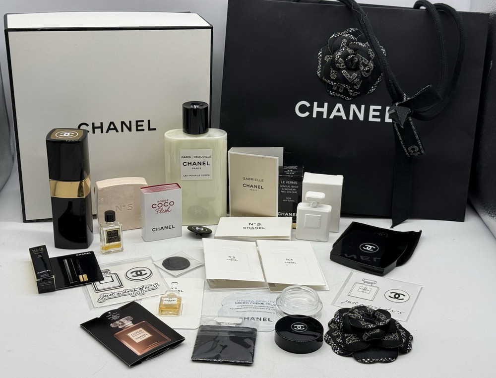 Chanel Misc Lot Perfume Sample Box Bag Sticker Mascara Mirror