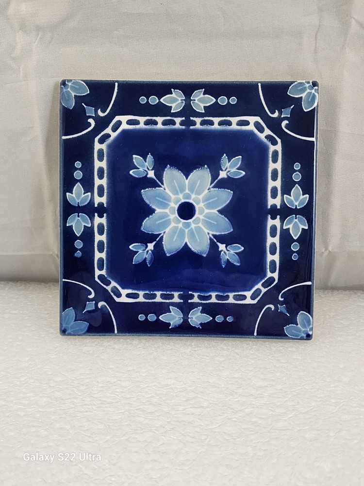 Japan Blue White Floral Tile Hand Made Hand Painted