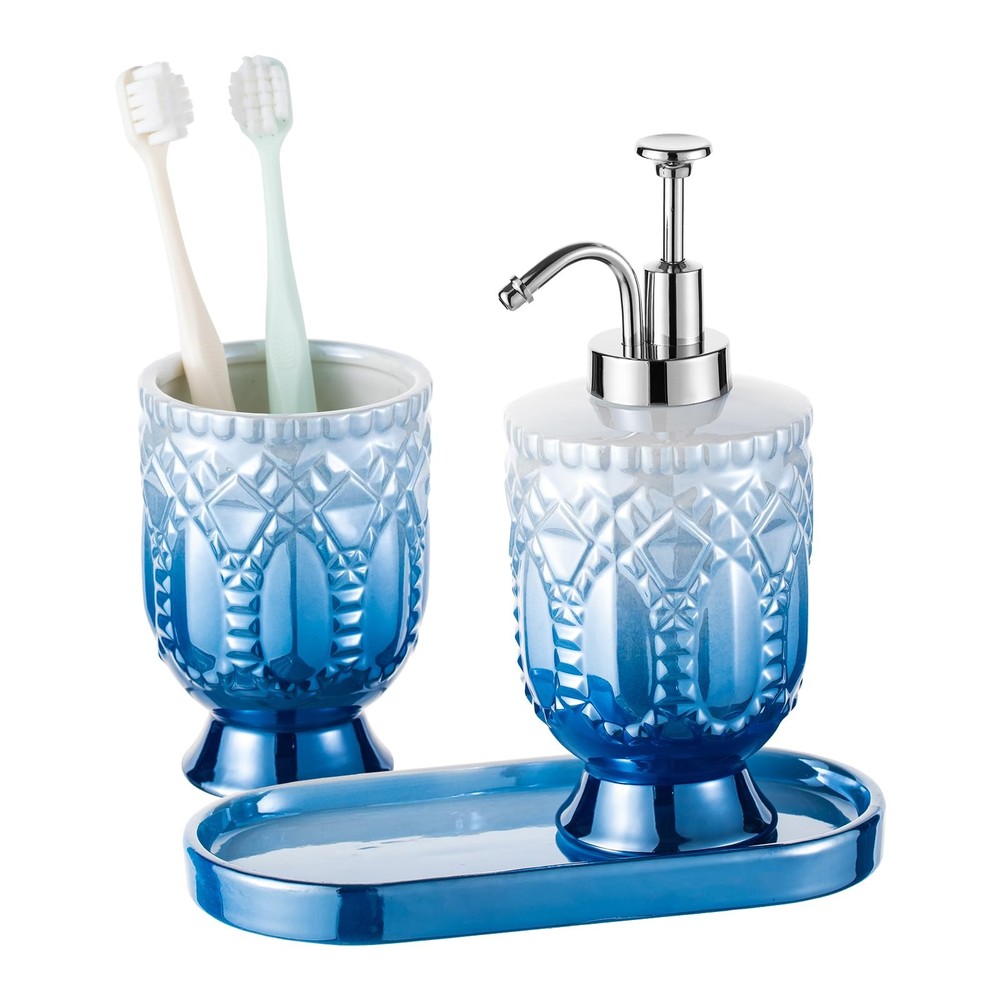 Ceramic Bathroom Accessories Set, 3pcs Blue Bathroom Soap Dispenser Sets with...