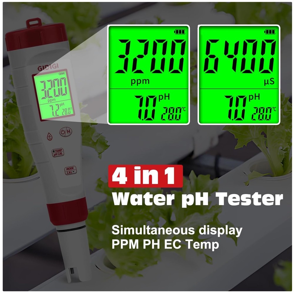 4-in-1 pH Tester with Backlit LCD Screen