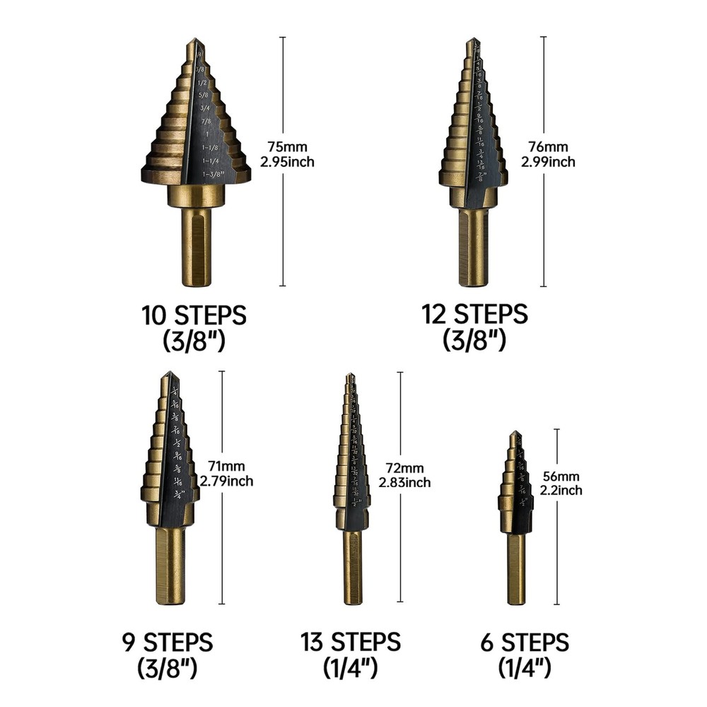IRONANT Step Drill Bits, 5PCS HSS Titanium Bit Set, 50 Straight