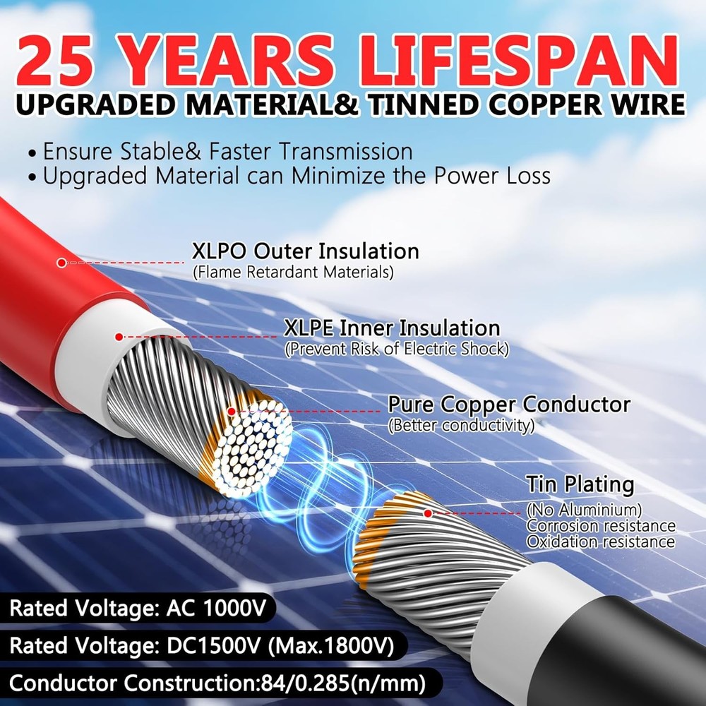 2x50 Feet Solar Panel Extension Cable- 10AWG Solar Cable Solar Panel Cable with