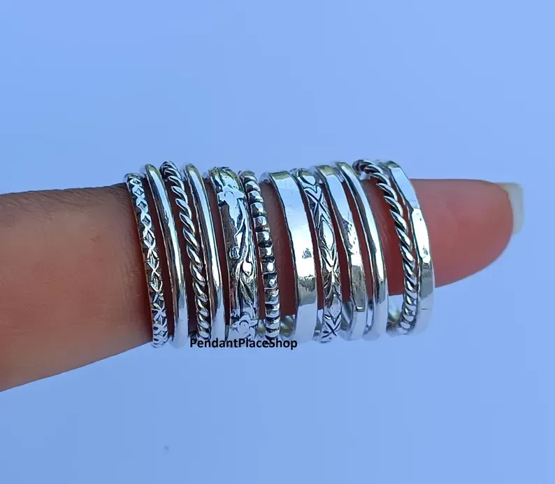 925 Sterling Silver Stacking Ring Set: Assorted Patterns, Thin & Thick  All Size