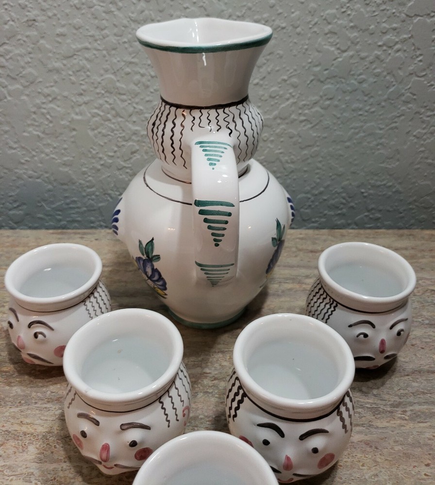 Redware Miska Wine Jug Pitcher Set Pottery Red Clay Vintage