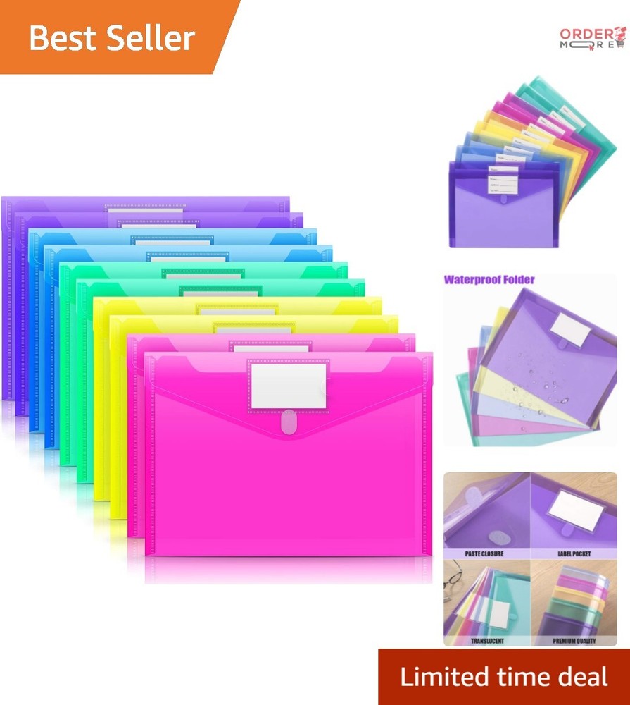 Durable 10-Pack Clear Plastic Envelopes - Safe Closure & Colorful Label Pockets
