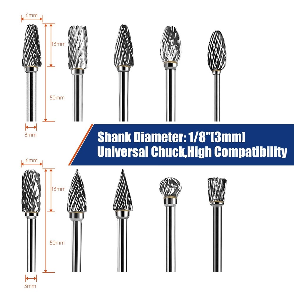 10Pcs Carbide Burr Bits Set Compatible with Dremel 1/8", Rotary Tool Bits with D