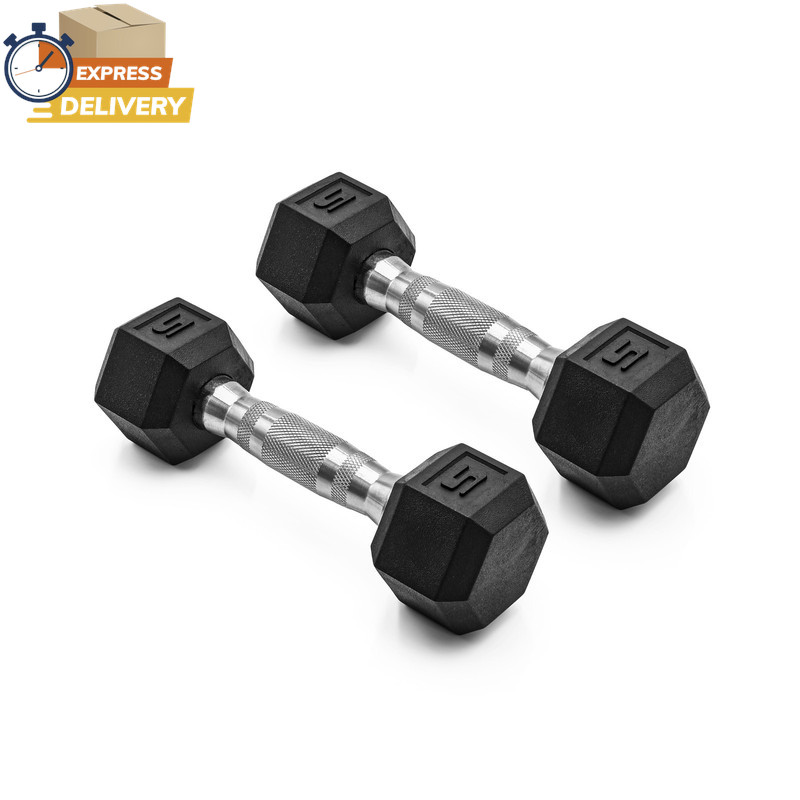 Barbell, 5Lb Coated Rubber Hex Dumbbell, Pair
