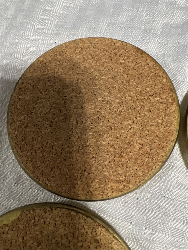8 Vintage Solid BRASS and Brown LEATHER M MG COASTERS
