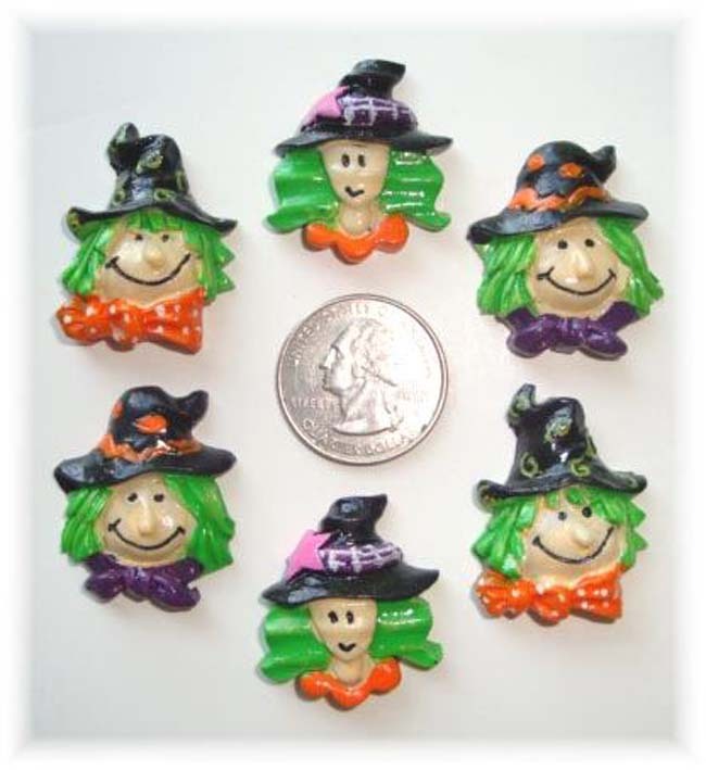 6PC HALLOWEEN WACKY WITCH FACE FLAT BACK FLATBACK RESIN