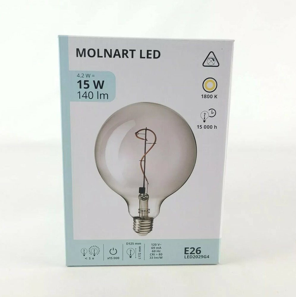 Ikea Molnart LED Bulb E26 140 Lumen Globe Gray Clear Glass 5" Spiral Design