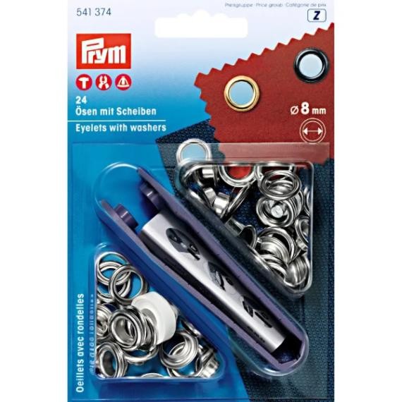Prym One-Sided Eyelets 8mm ID 24 Sets w/ Setting Tool Silver