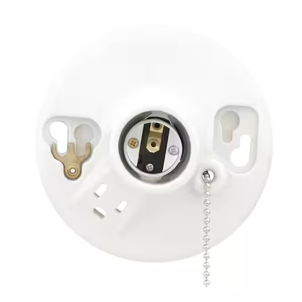 Glazed Porcelain Lamp Holder with Pull Chain and Outlet - Convenient Lighting
