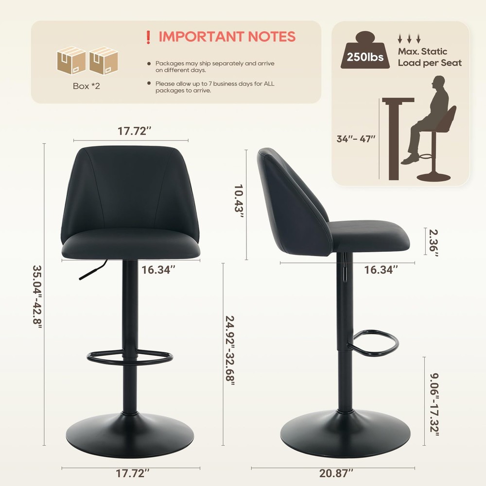 Adjustable Bar Stools, Modern PU Leather Bar Chairs with Curved Mid-Back, 360...
