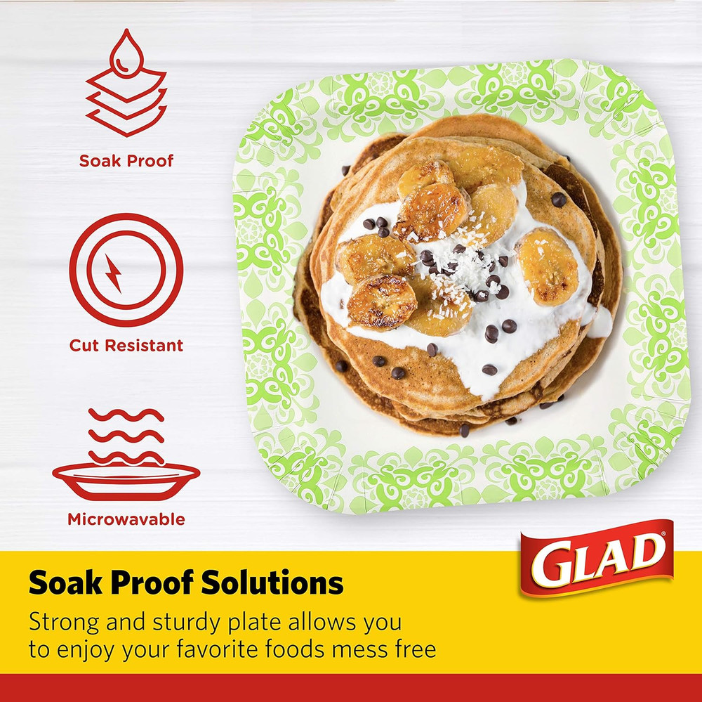 Glad Square Disposable Paper Plates, Green Victorian Pattern - Strong, Sturdy, S