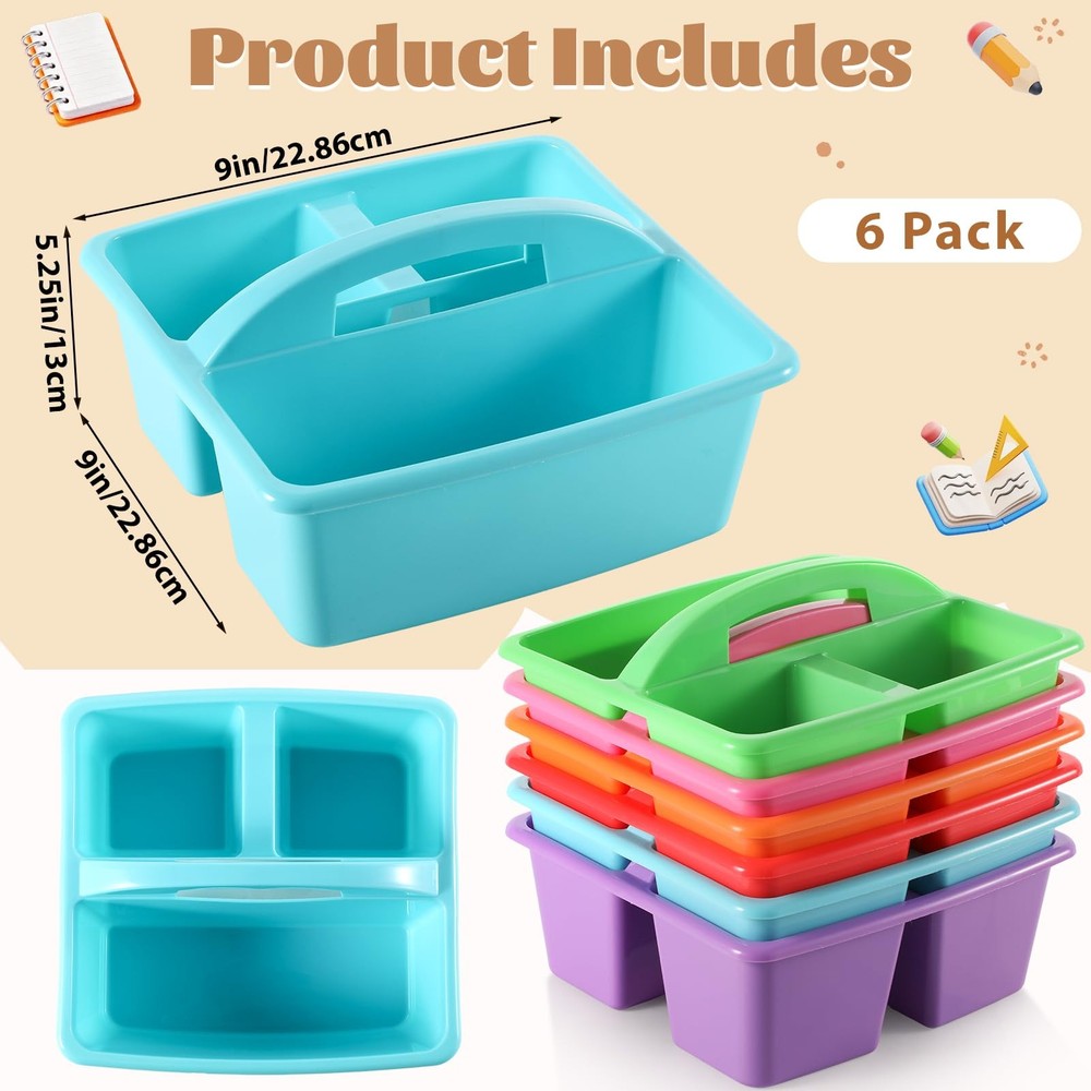6 Pack 3 Compartment Small Caddy Plastic Classroom Organizer with Handle Port...