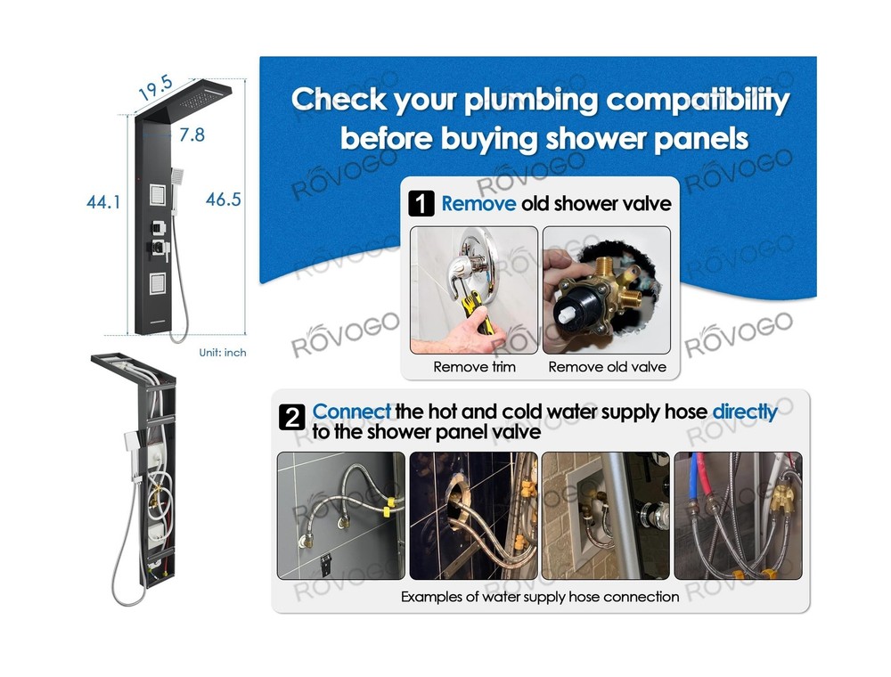 ROVOGO Shower Panel Tower System with Led Lights Rainfall Waterfall... Fast Ship