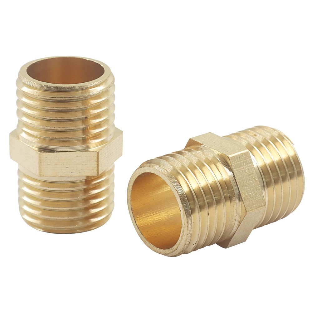 2 pcs Solid Brass Pipe Fitting, Hex Nipple, 1/4" x 1/4" NPT Male Pipe Adapter
