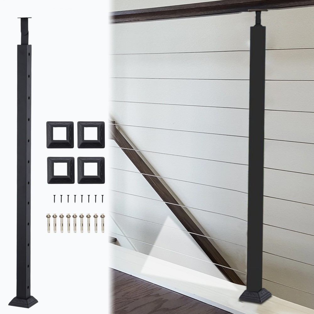 42" Cable Railing Post, Matte Black Stainless Steel Level Drilled Railing Post