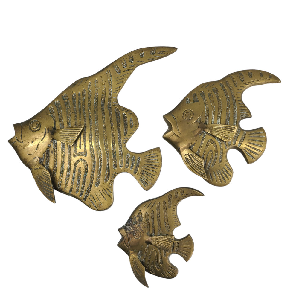 Mid-Century Solid Brass Angelfish Wall Plaque Decor Set