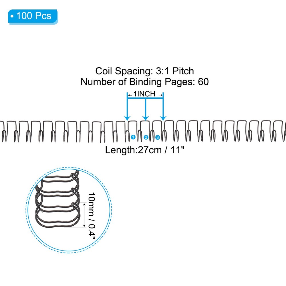 10mm (3/8″) Double Loop Wire Binding Combs, 100 Pcs, 3:1 Pitch, Black