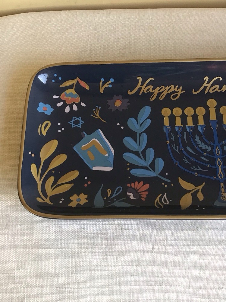 St. Nicholas Square Happy Hanukkah Blue Holiday Ceramic Rectangle Serving Tray