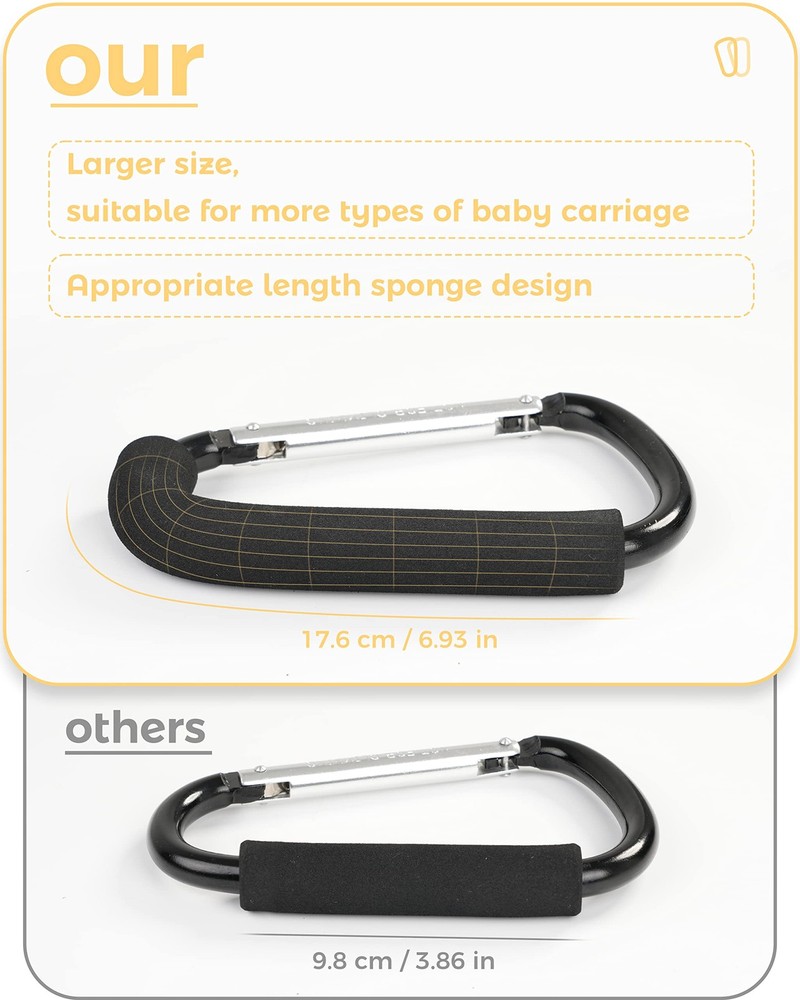 Stroller Hooks, 6.3" Large Clip, 2 Pack Hooks for Black