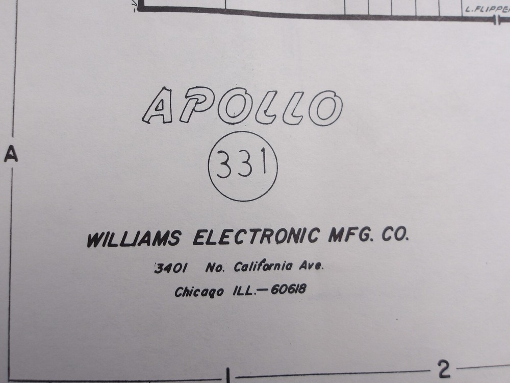 Williams: Apollo - Schematic, Paperwork, Award Cards Set -Near Mint