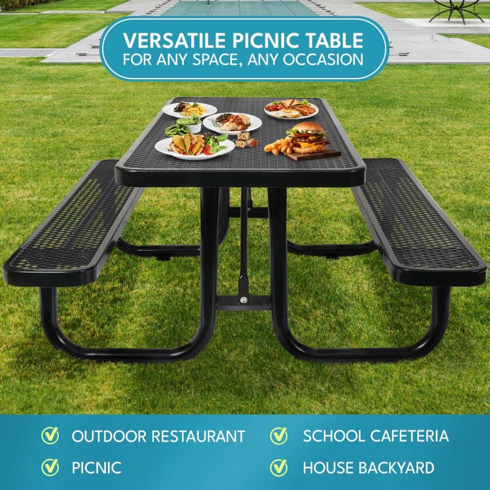 6FT Steel Rectangular Picnic Table w/ Center Umbrella Hole, Black