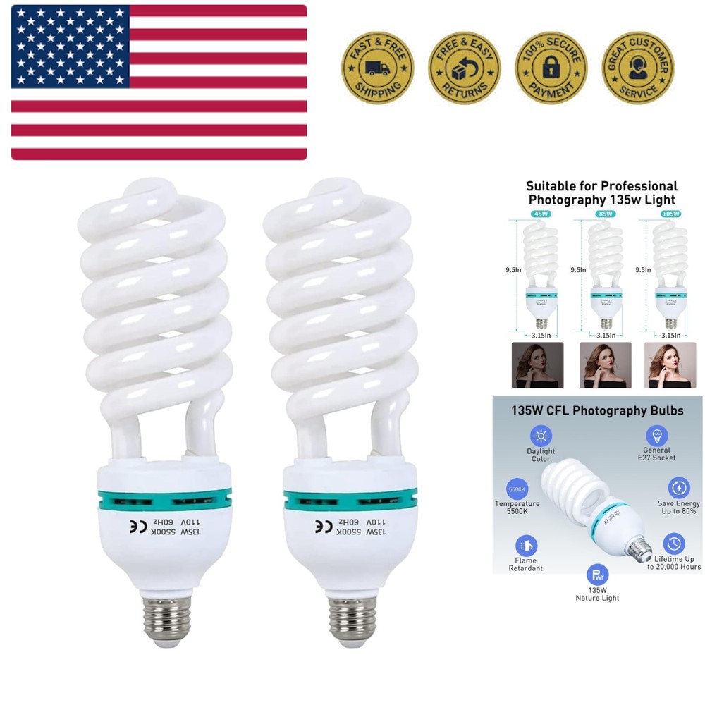 2pcs 135W Light Bulb 5500K CFL Daylight Spiral Softbox Lighting Kit Bulb in E...