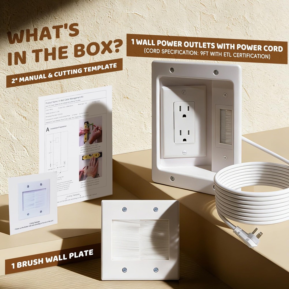 in Wall Cable Management Kit With Recessed Tv Socket Box, 9FT Cord, Tv Cable ...