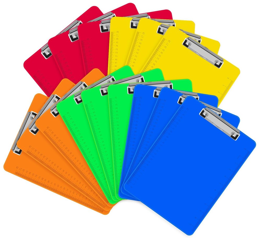 15 Pack Plastic Clipboards A4 Letter Size Assorted Colors Low Profile Clips