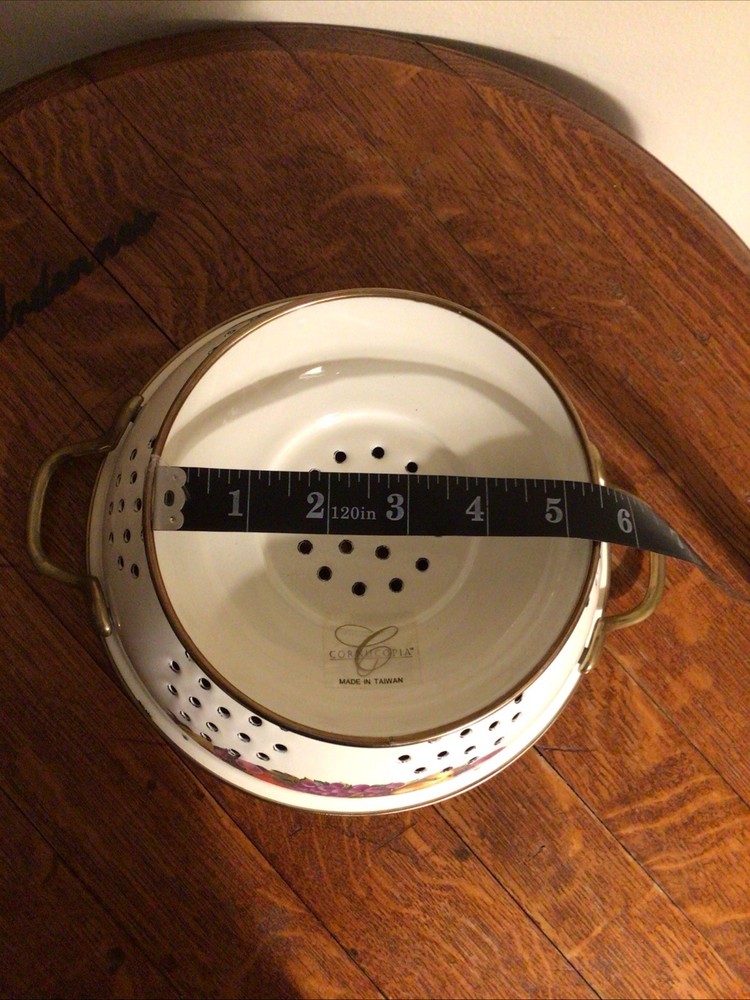 Vintage Cornucopia Enamel & Brass Colander Strainer with Mixed Fruit Design 9"