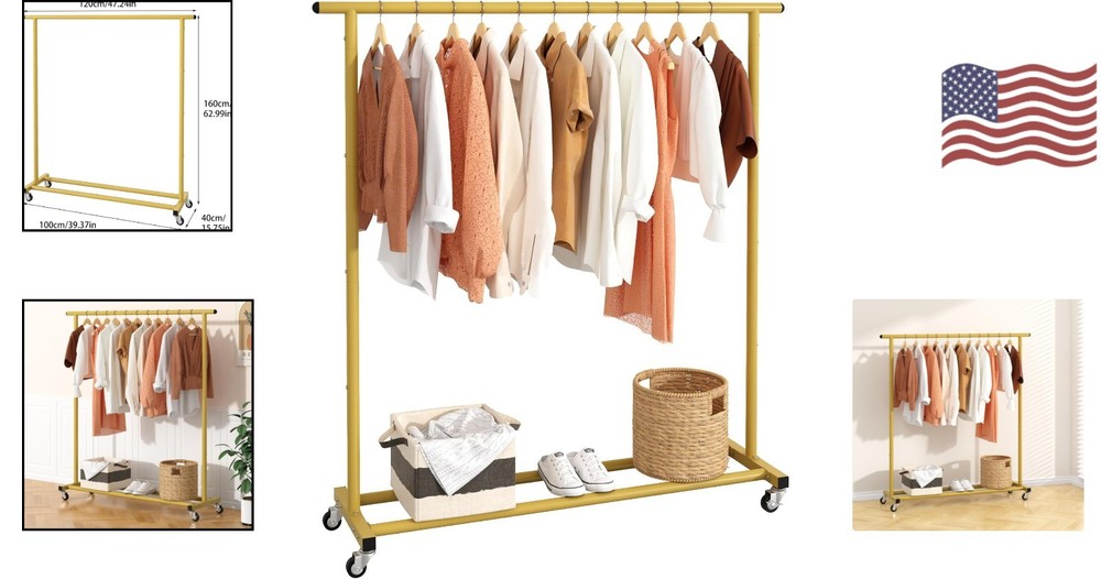 Gold Adjustable Rolling Clothing Rack - Space-Saving Organizer for Home & Retail