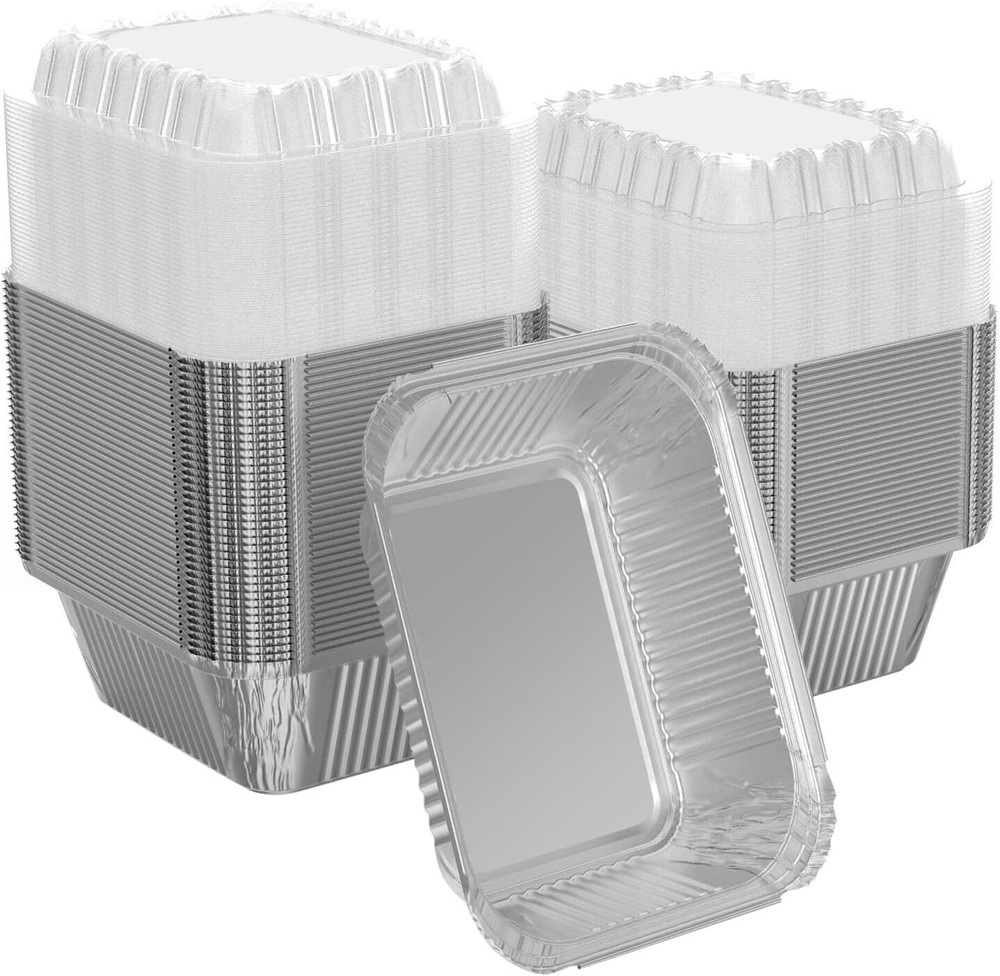 100 Pack 1 Lb Rectangular Disposable Aluminum Foil Pans with Dome Lids