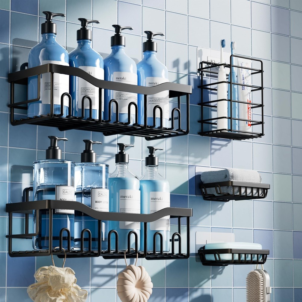 5-Pack Rustproof Stainless Steel Shower Caddy Set– No Drill Adhesive Bathr