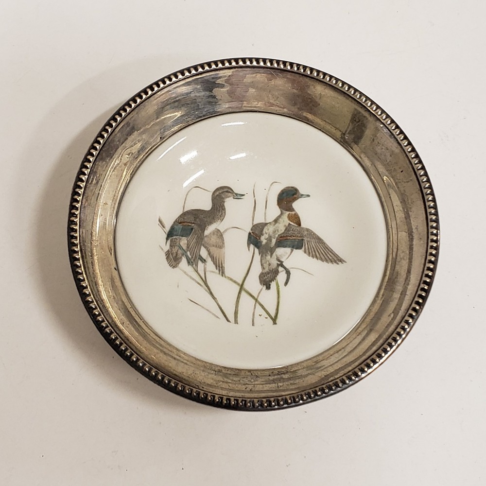 Whiting Sterling Silver China Green Wing Teal Ducks Dish