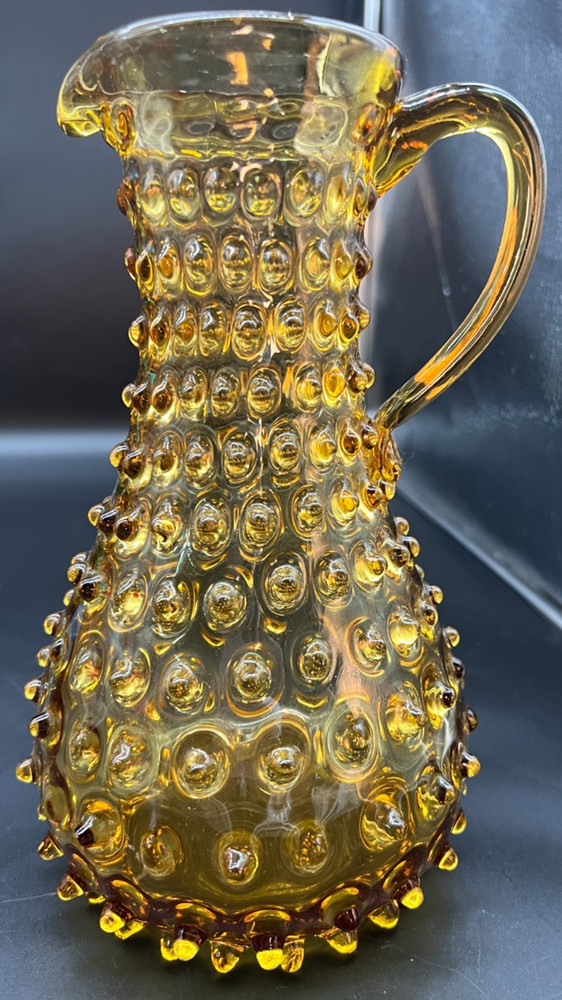 Tall Amber Hobnail Handle Pitcher 9"