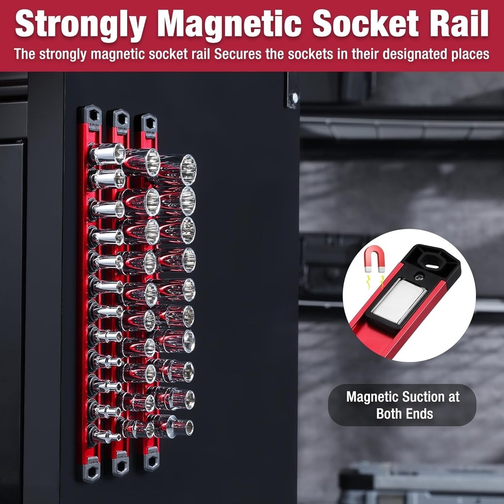 Compact Red Magnetic Socket Organizer - 3/8-Inch Drive with Rotatable Clips