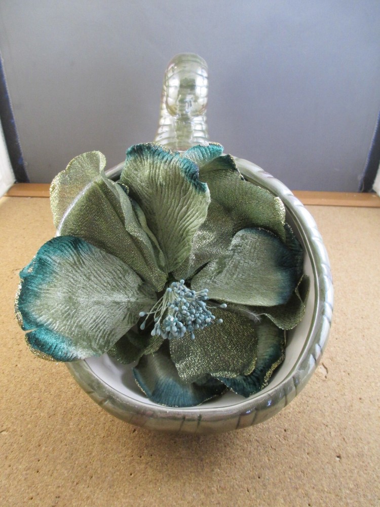 Green Ceramic Cornucopia Thanksgiving Table Decor & Silk Flower