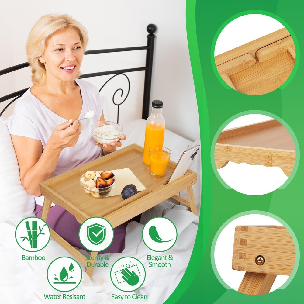 Bed Tray Table with Folding Legs, Bamboo Breakfast Tray with Handles for Bed,...