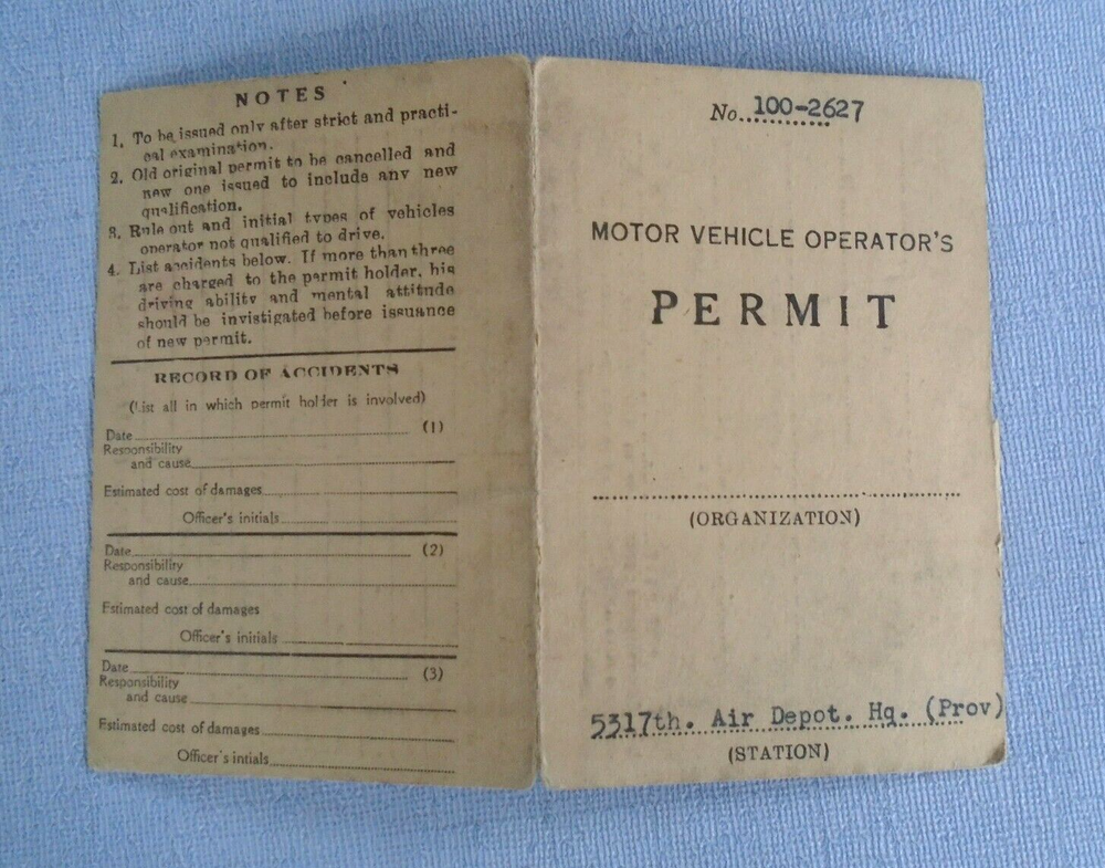 5317th Air Depot Motor vehicle operators permit