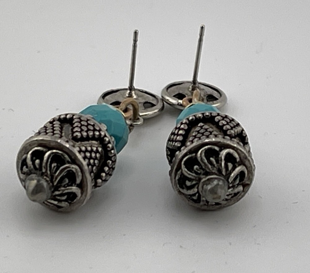 Marsha Archer 1 3/4” Dangle Turquoise & Silver Earrings Pierced Ears/Stud Back