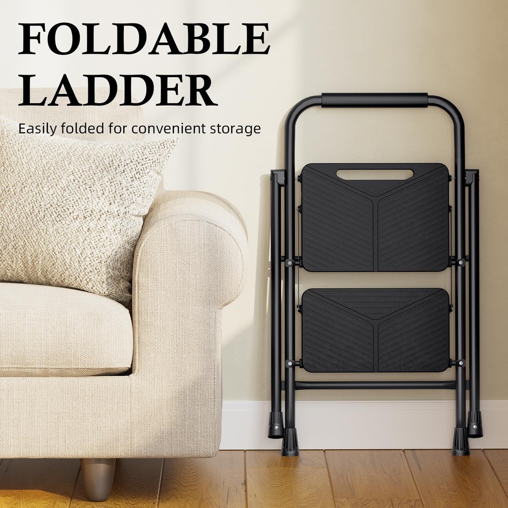 Urackify 2 Step Ladder, Portable Folding Ladder for 2 Black
