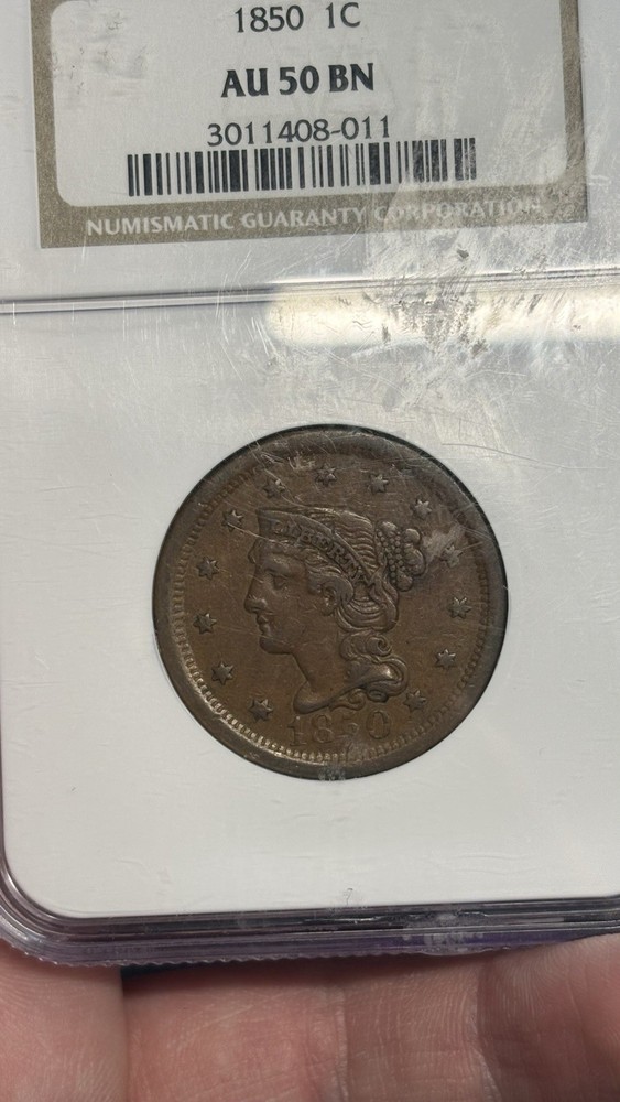 1850 AU50 large Cent NGC