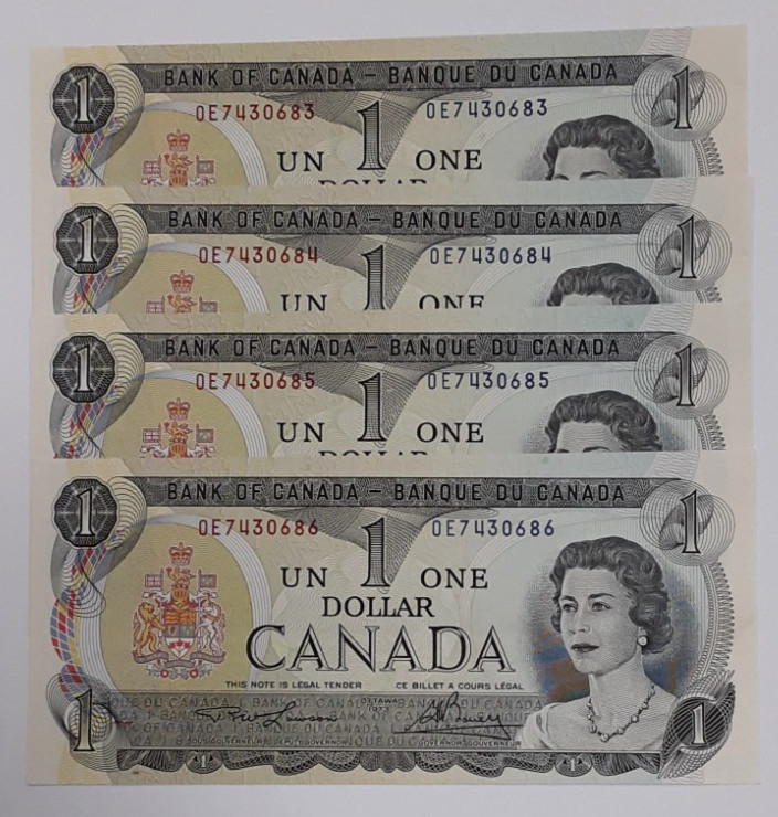 1973 Canada One Dollar Uncirculated 4 Consecutive Notes-Pick# 85a