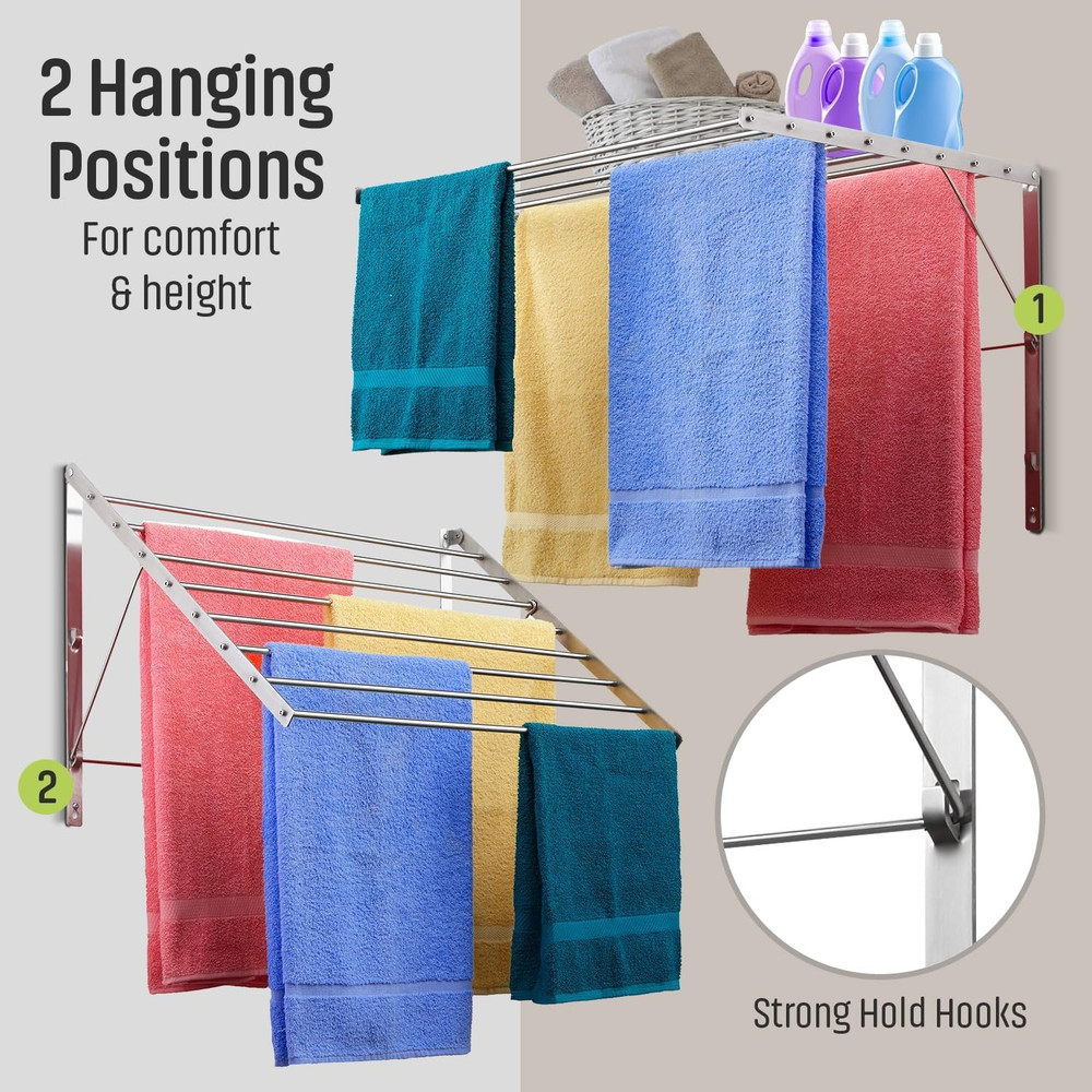 Wall Mounted Clothes Drying Rack - 30" Wide, 20ft Capacity, Sturdy Design